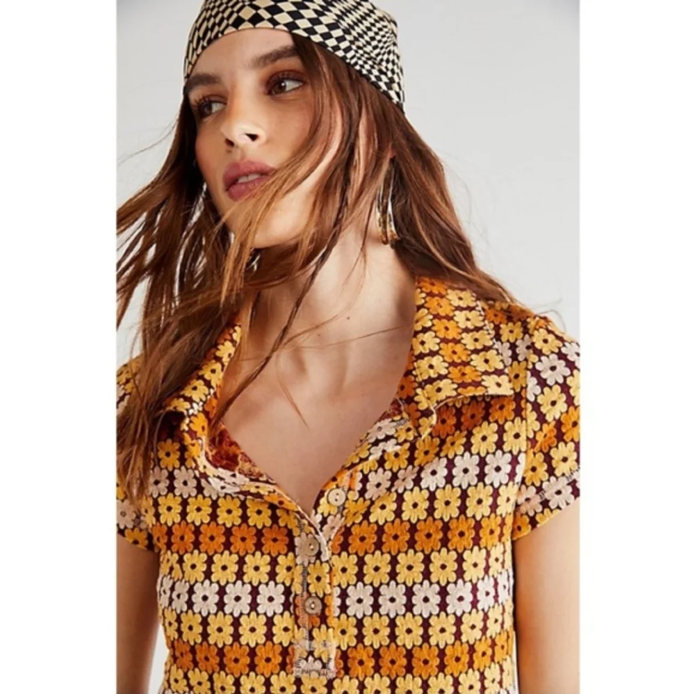 Free People Babe Town Tee Daisy Crop Polo Brown Combo Hippie Summer Girlie
